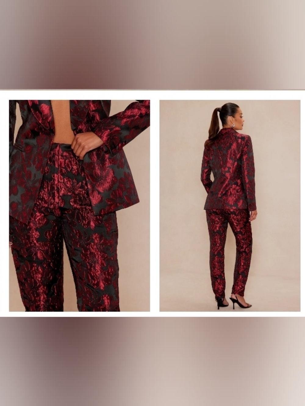 Fashion Nova Crimson Touch Red Floral Jacquard Blazer & Pant Set, NWT - Picture 3 of 4